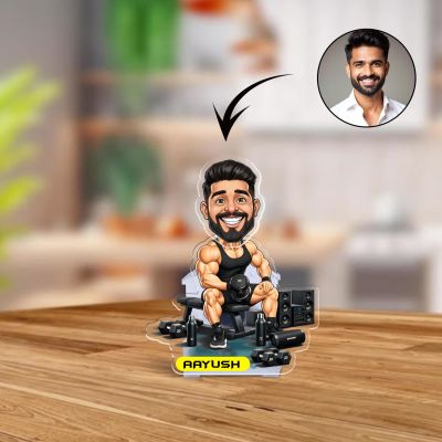 Personalized Gym Workout Bobblehead Caricature Custom with Face Cutout & Name, Fitness Theme Home Decor Tabletop Gift for Gym Lover Battery Powered with Moving Head